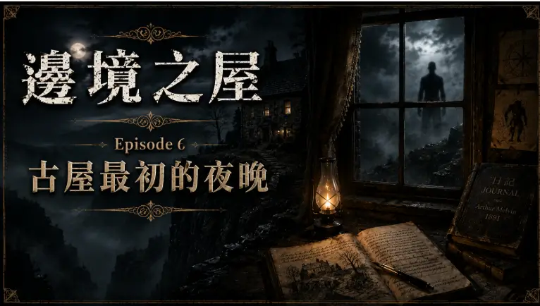 濃霧籠罩的古老石屋與窗外神秘黑影