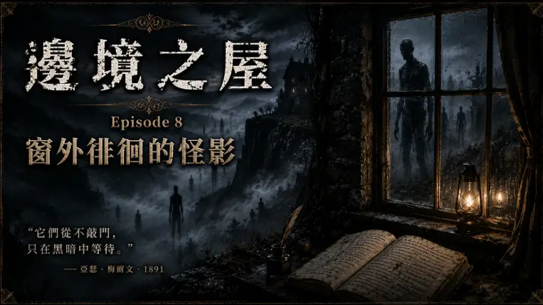 濃霧中的怪異黑影站在古老石屋窗外