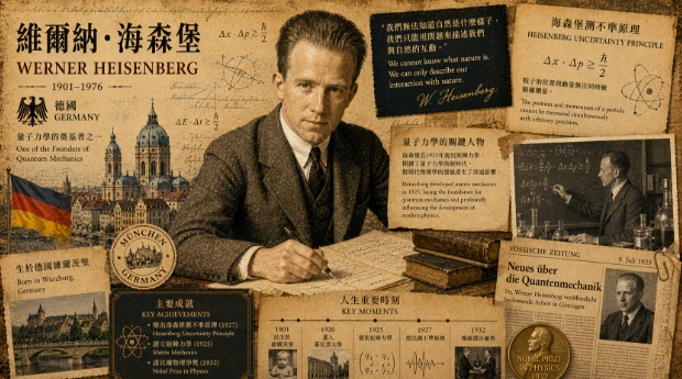 維爾納海森堡與量子力學理論的復古拼貼風格插畫