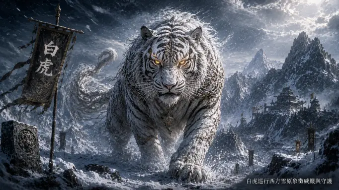 山海經白虎神獸立於雪山風暴之中形象