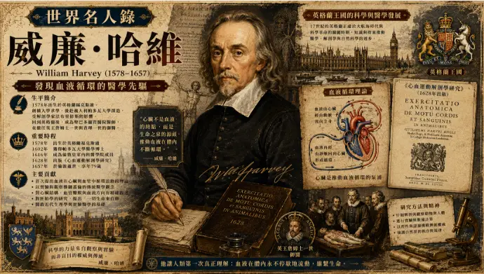 威廉·哈維與英格蘭王國醫學革命主題插畫