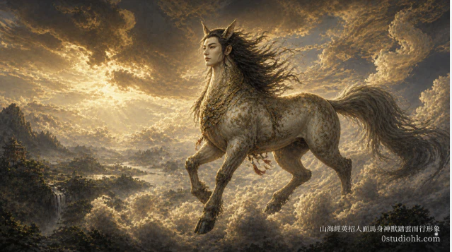 山海經英招人面馬身神獸踏雲而行形象