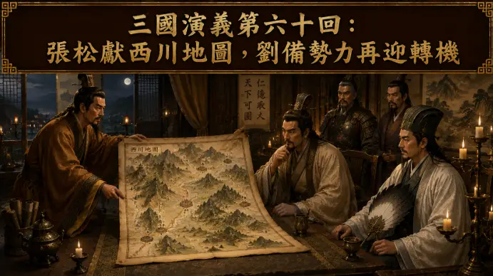 張松向劉備獻上西川地圖場景