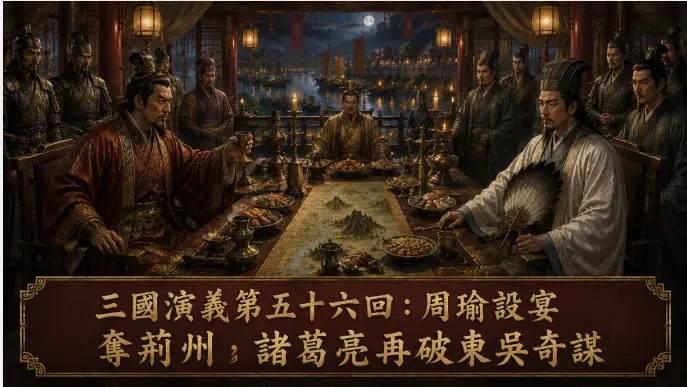 周瑜設宴試探劉備與諸葛亮場景