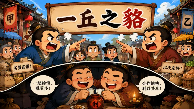 兩位表面爭吵實則暗中合作的古代商人場景