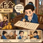 古代書生在書桌前仔細修改文章，象徵一字千金的珍貴價值。