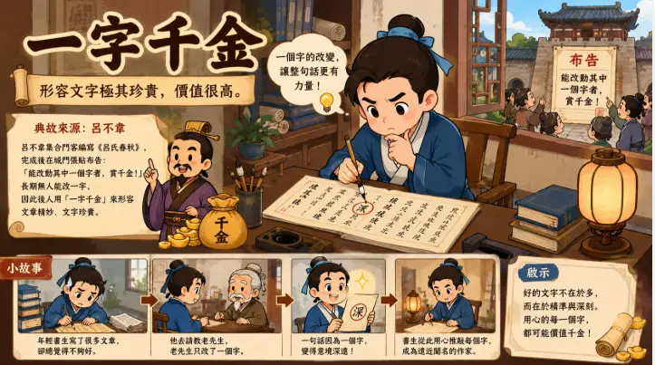 古代書生在書桌前仔細修改文章，象徵一字千金的珍貴價值。