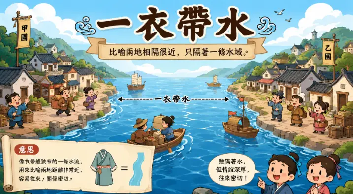 兩岸相望的古代村落，中間隔著狹長水道，象徵一衣帶水的親近關係。