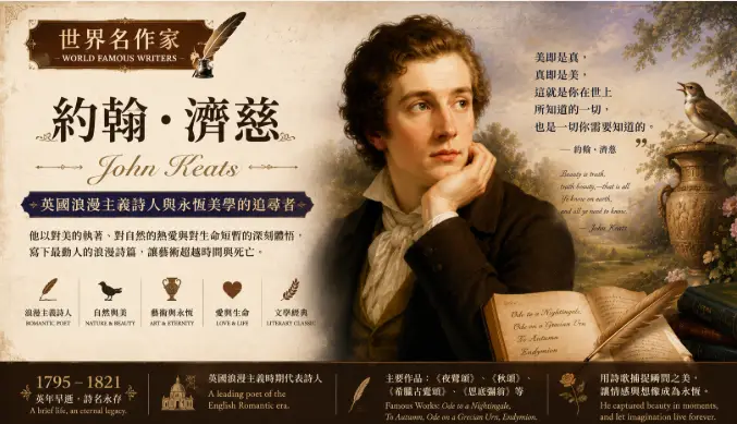 約翰‧濟慈肖像與英國浪漫主義詩歌風格插畫