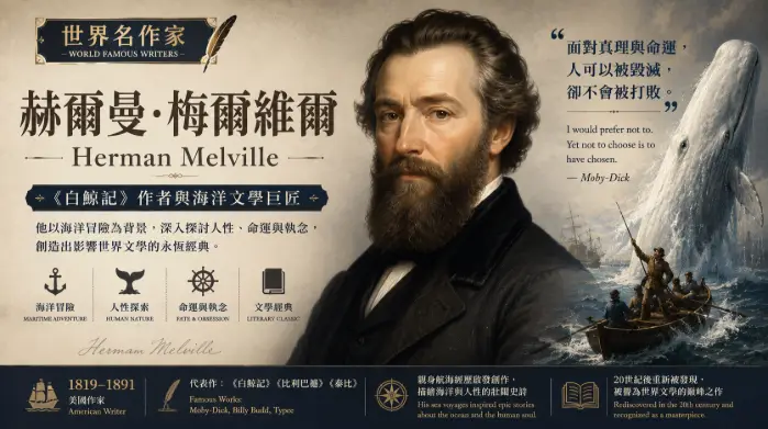 赫爾曼·梅爾維爾肖像與《白鯨記》海洋文學風格插畫