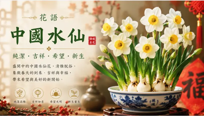 盛開中的中國水仙花象徵春天、吉祥、希望與新生