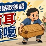 沒有手柄的藤製行李箱需要別人托住的畫面