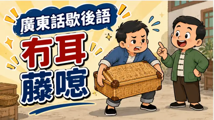 沒有手柄的藤製行李箱需要別人托住的畫面