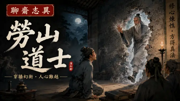 勞山道士在昏暗道觀中施展穿牆法術，書生震驚目睹的靈異場景