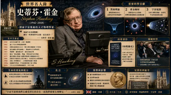 史蒂芬·霍金與英國宇宙學歷史主題插畫