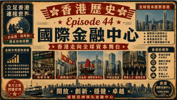 1980至1990年代香港中環金融區與維多利亞港高樓景象，展現香港成為國際金融中心的繁榮城市面貌