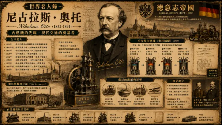 尼古拉斯·奧托與德意志帝國內燃機歷史主題插畫