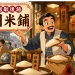 廣州舊式米鋪內商販誇張推銷米糧的漫畫風場景
