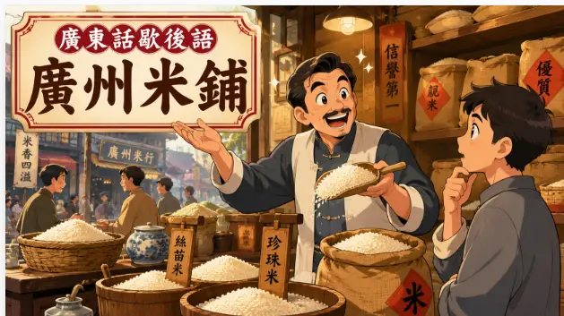 廣州舊式米鋪內商販誇張推銷米糧的漫畫風場景