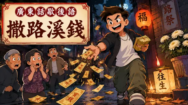 夜晚街道上有人撒冥紙，引來旁人驚訝的廣東民間風格插畫