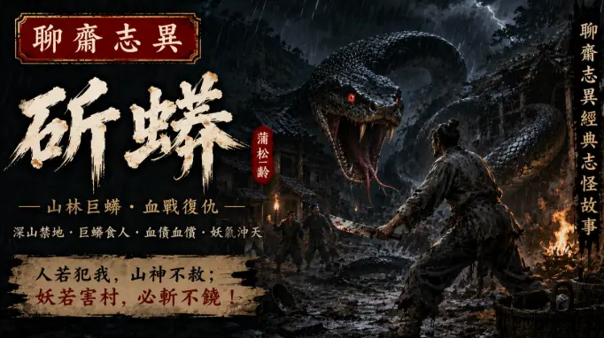 深山巨蟒在暴雨夜襲擊村莊，樵夫持刀迎戰的恐怖場景