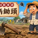 一把鋤柄斷裂的鋤頭放在農田旁，農夫露出無奈表情的漫畫風插畫