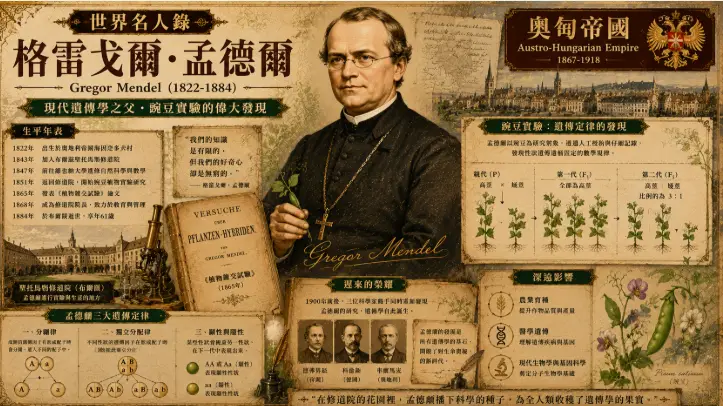 格雷戈爾·孟德爾與奧匈帝國遺傳學歷史主題插畫