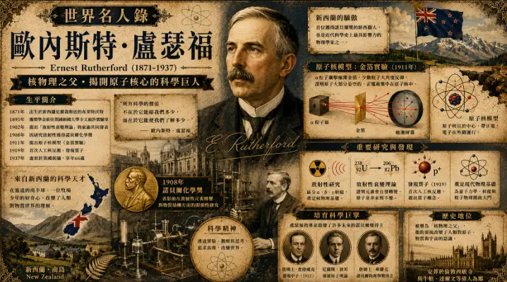 歐內斯特·盧瑟福與新西蘭核物理歷史主題插畫
