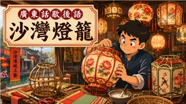 傳統沙灣手工燈籠旁，一名神情無奈的人坐在工作桌前的漫畫風插畫