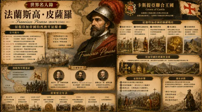 法蘭斯高·皮薩羅與卡斯提亞聯合王國征服印加帝國主題插畫