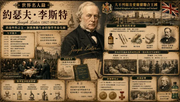 約瑟夫·李斯特與大不列顛及愛爾蘭聯合王國醫學革命主題插畫
