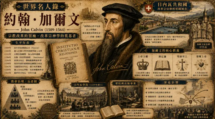 約翰·加爾文與日內瓦共和國宗教改革主題插畫