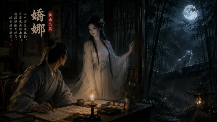 《聊齋志異 嬌娜》中白衣狐仙於竹林月夜現身的靈異場景
