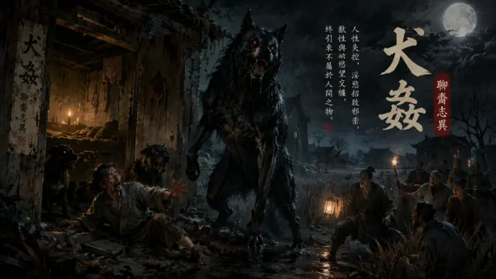 《聊齋志異 犬姦》中的黑犬妖影於荒野月夜中徘徊的靈異場景