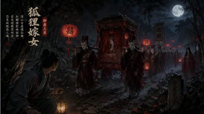 《聊齋志異 狐狸嫁女》中狐仙迎親隊伍於深夜山道現身的靈異場景