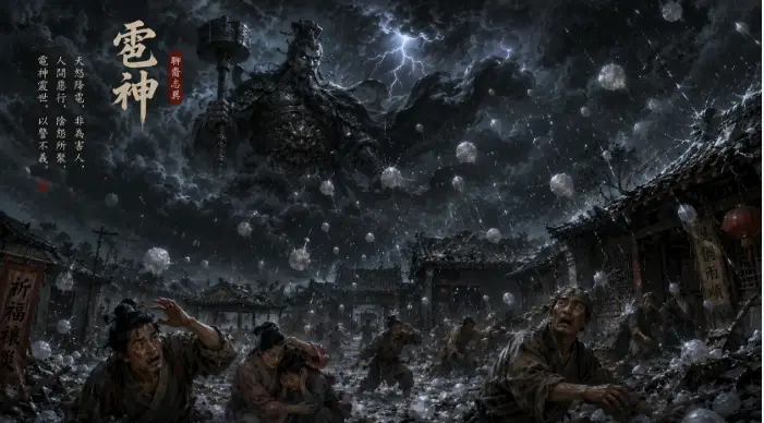 《聊齋志異 雹神》中的黑甲神靈於雷暴雲層中現身的靈異場景