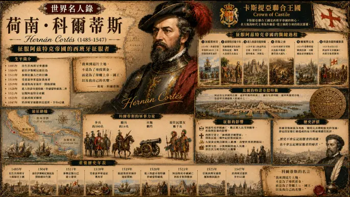 荷南·科爾蒂斯與卡斯提亞聯合王國征服阿茲特克帝國主題插畫