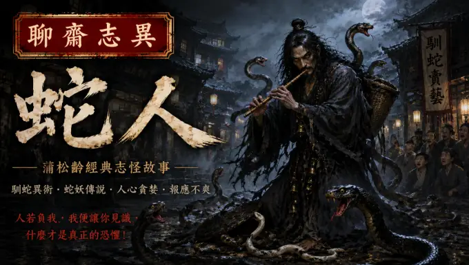 黑衣蛇人在昏暗客棧中與群蛇對視的恐怖靈異場景