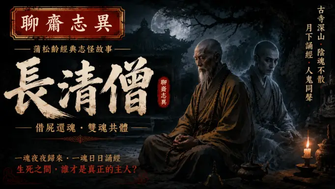 月夜古寺中，長清老僧與神秘年輕僧人對坐誦經的靈異場景