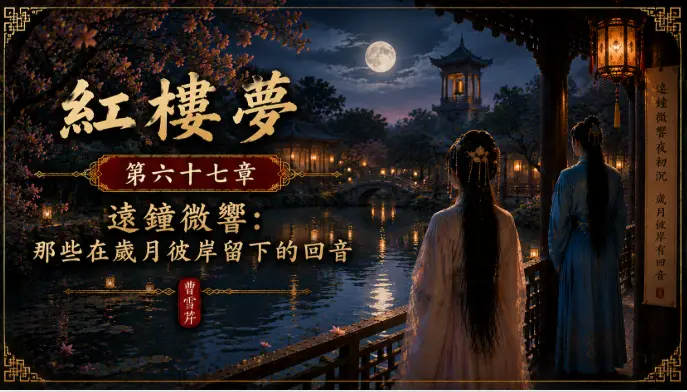 夜色庭院中的人物與遠方鐘樓象徵歲月彼岸的情感回音