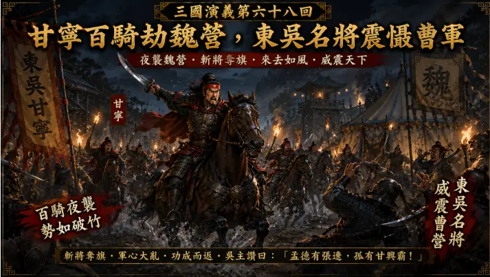 甘寧率百騎夜襲曹軍大營場景