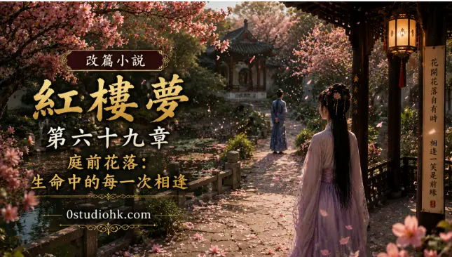 春日庭院飄落花瓣與人物靜立，象徵生命中每一次珍貴相逢。