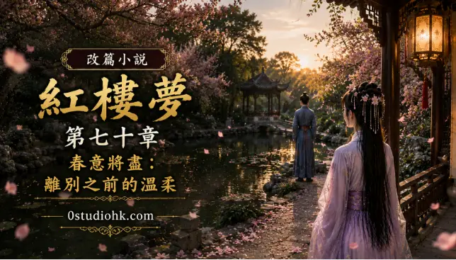 春末庭院飄落花瓣與人物相望，象徵離別之前最溫柔的陪伴。