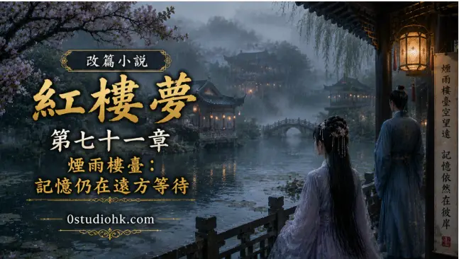煙雨中的古典樓臺與庭院人物，象徵遠方等待的記憶。