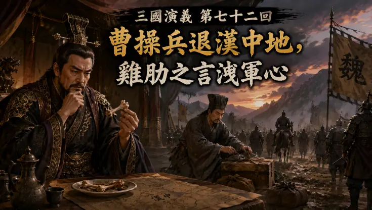 曹操於漢中軍營望著雞肋沉思，楊修率先收拾行裝的歷史場景