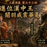 劉備登基為漢中王，關羽率軍北伐樊城，以水淹七軍震撼天下的歷史場景。