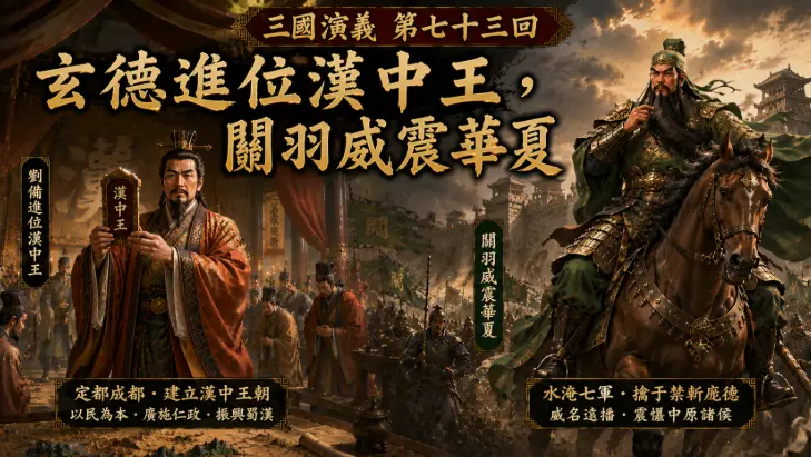 劉備登基為漢中王，關羽率軍北伐樊城，以水淹七軍震撼天下的歷史場景。