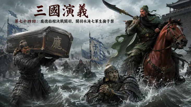 關羽利用漢水暴漲水淹七軍，生擒于禁，龐德抬棺決戰至死的經典歷史場景。