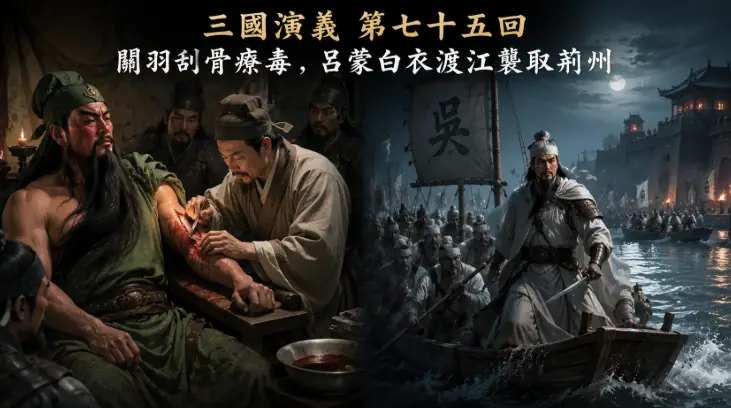 關羽接受華佗刮骨療毒，同時呂蒙率領白衣偽裝部隊渡江奇襲荊州的經典場景。