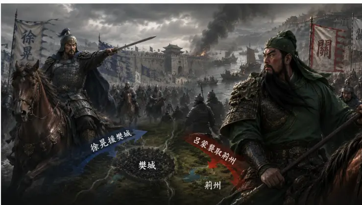 徐晃率領曹魏援軍解除樊城之圍，關羽得知荊州失守，被迫撤軍陷入腹背受敵的經典場景。